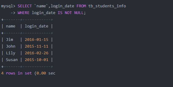 使用 IS NOT NULL 关键字来查询 tb_students_info 表中 login_date 字段不为空