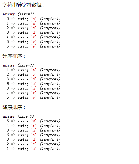 使用数组排序函数asort()或arsort()来对字符数组进行排序